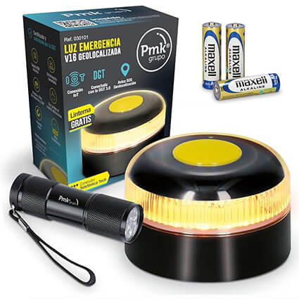 PMK Grupo V16 - Baliza de emergencia homologada DGT con linterna LED incluida